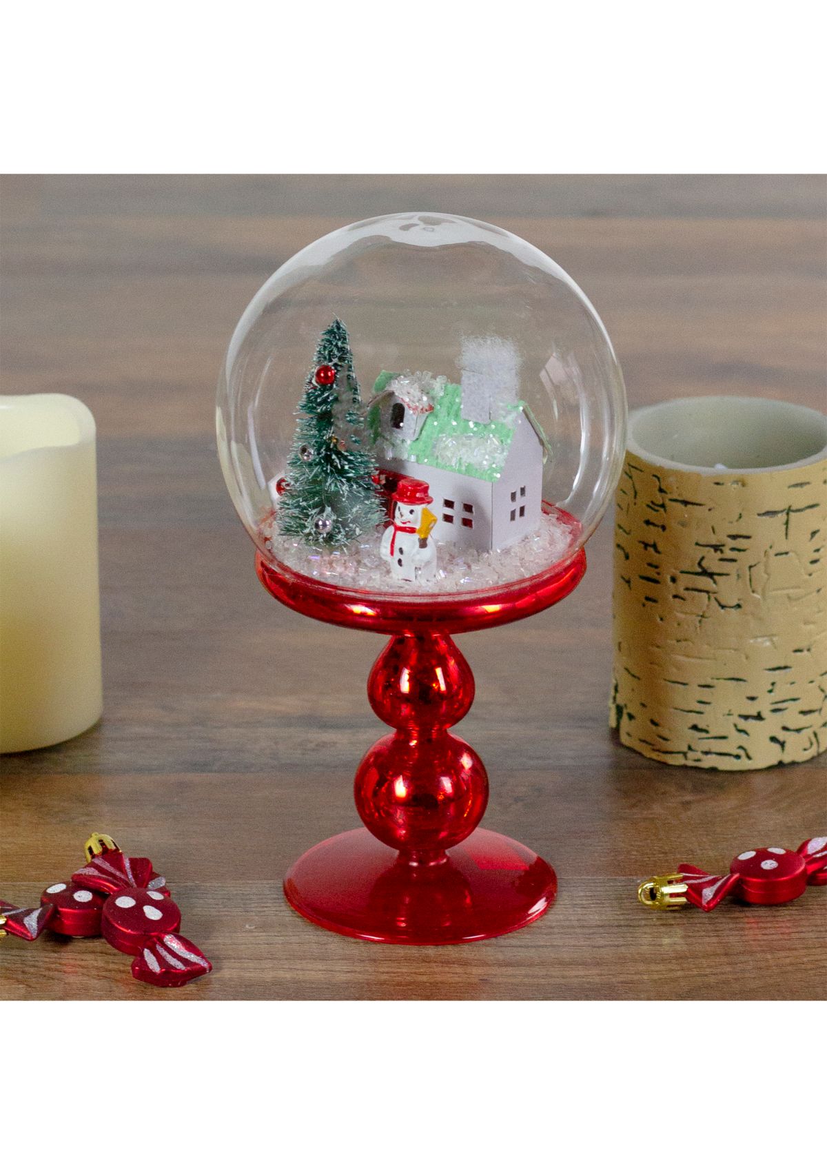 8.75Inch Red Holiday Scene Pedestal Globe Tabletop Decoration