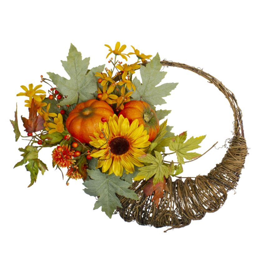 Cornucopia and Sunflower with Pumpkins Artificial Thanksgiving Wreath - 20-Inch Unlit
