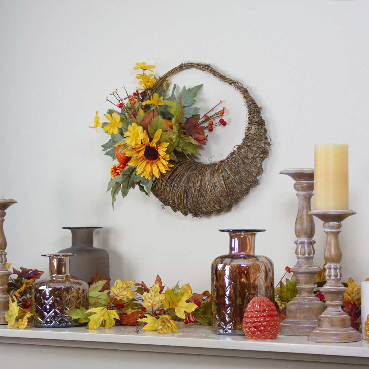Cornucopia and Sunflower with Pumpkins Artificial Thanksgiving Wreath - 20-Inch Unlit