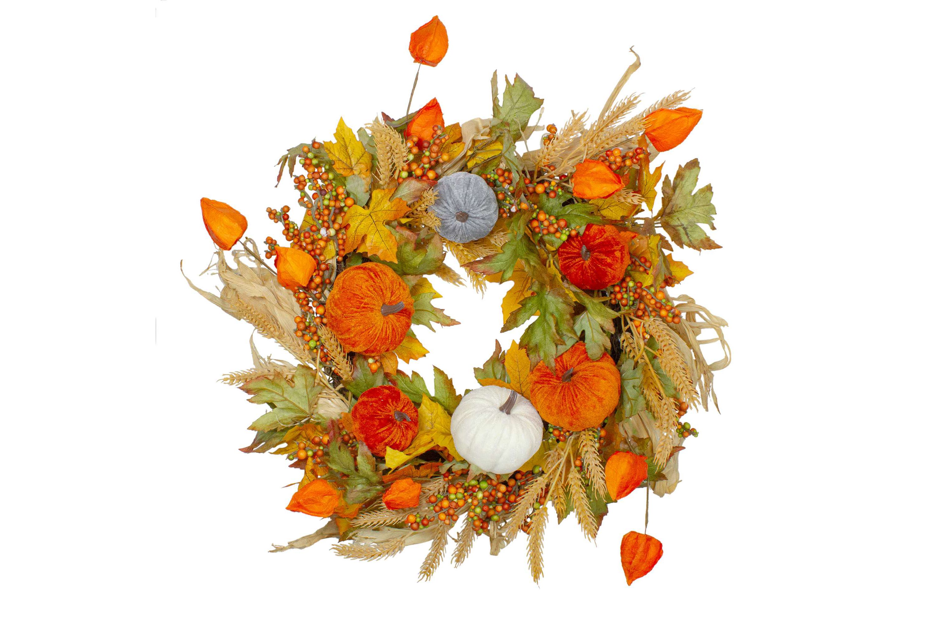 Velvet Pumpkins and Wheat Artificial Fall Harvest Wreath - 24-Inch  Unlit