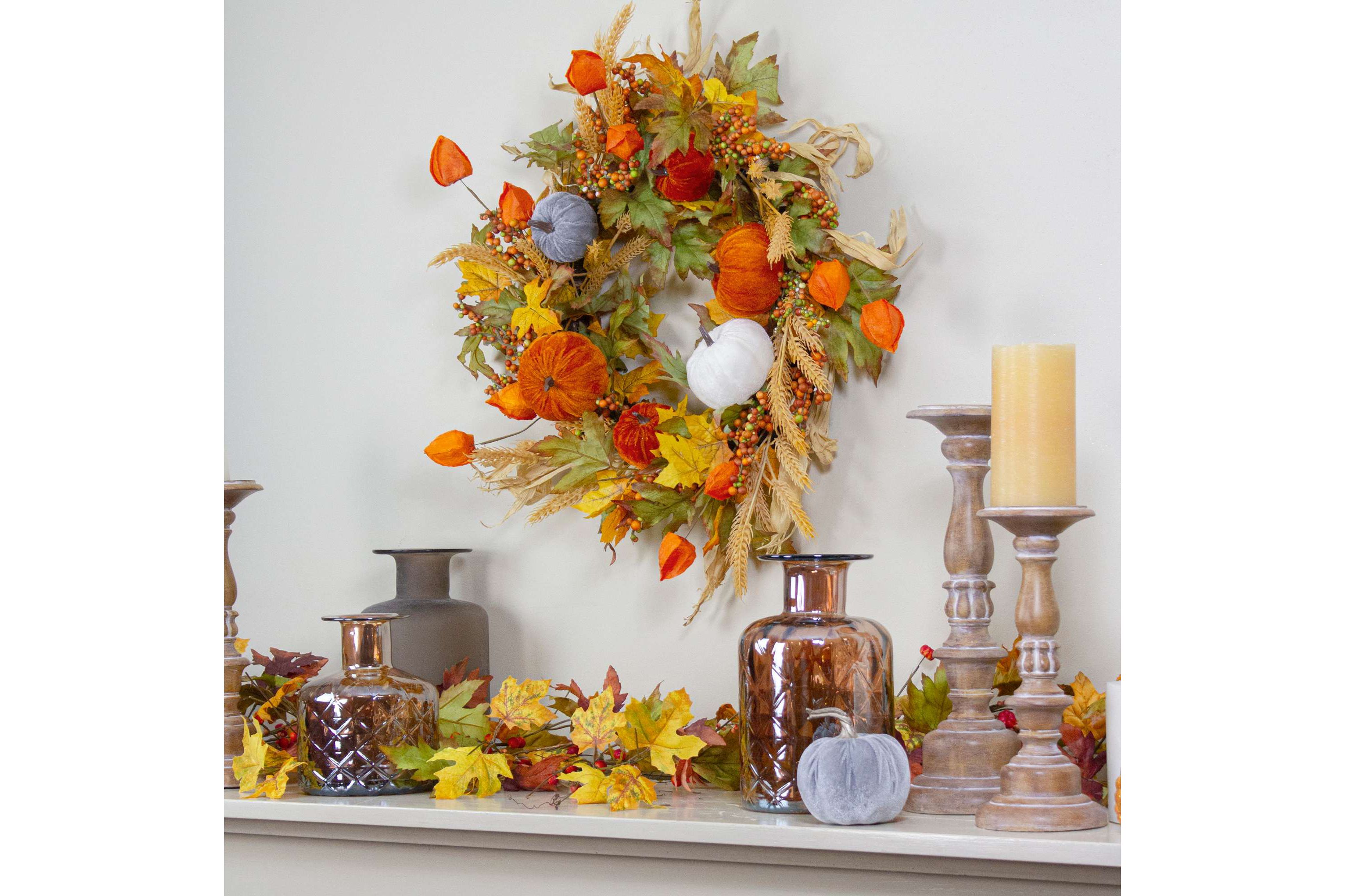 Velvet Pumpkins and Wheat Artificial Fall Harvest Wreath - 24-Inch  Unlit