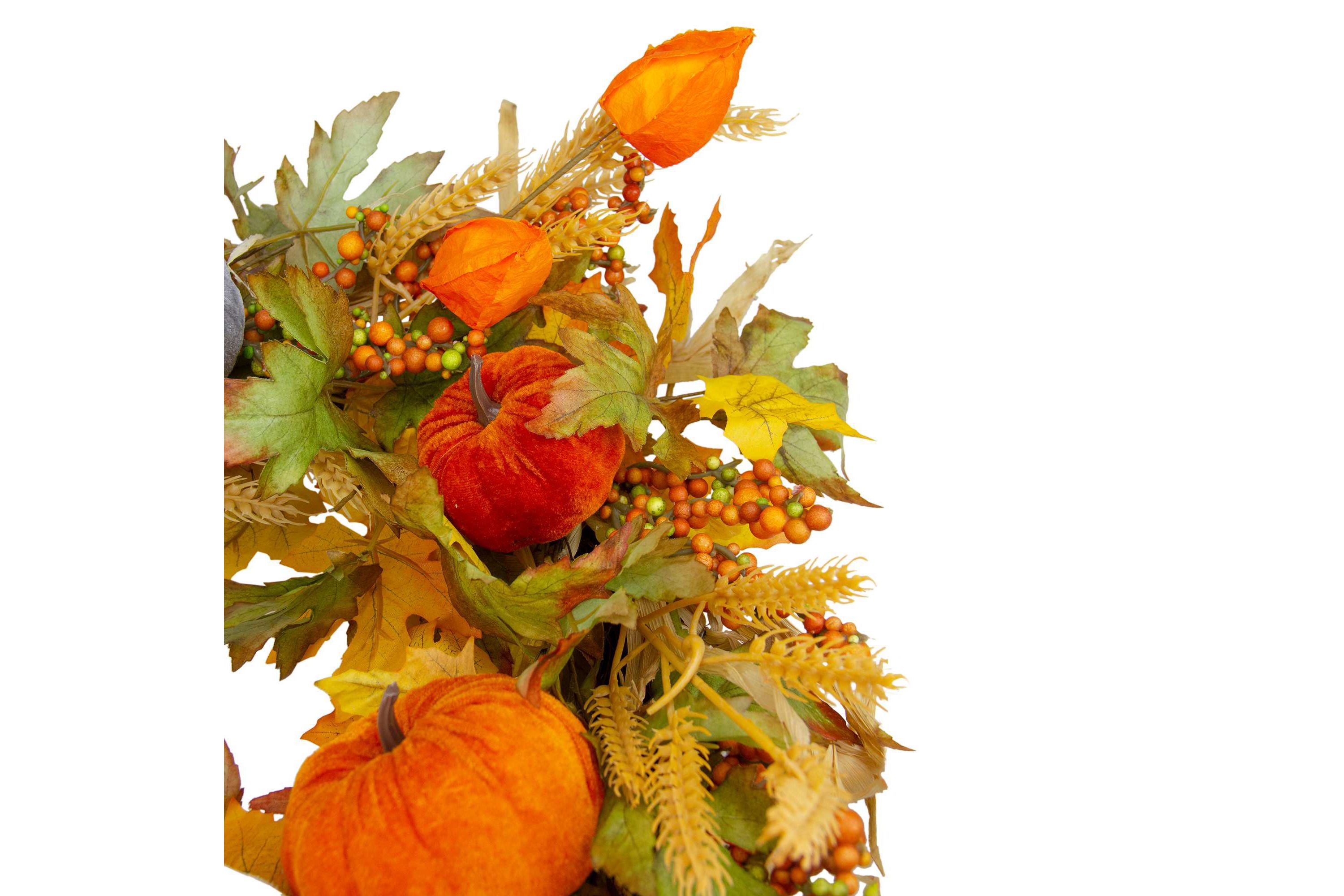 Velvet Pumpkins and Wheat Artificial Fall Harvest Wreath - 24-Inch  Unlit