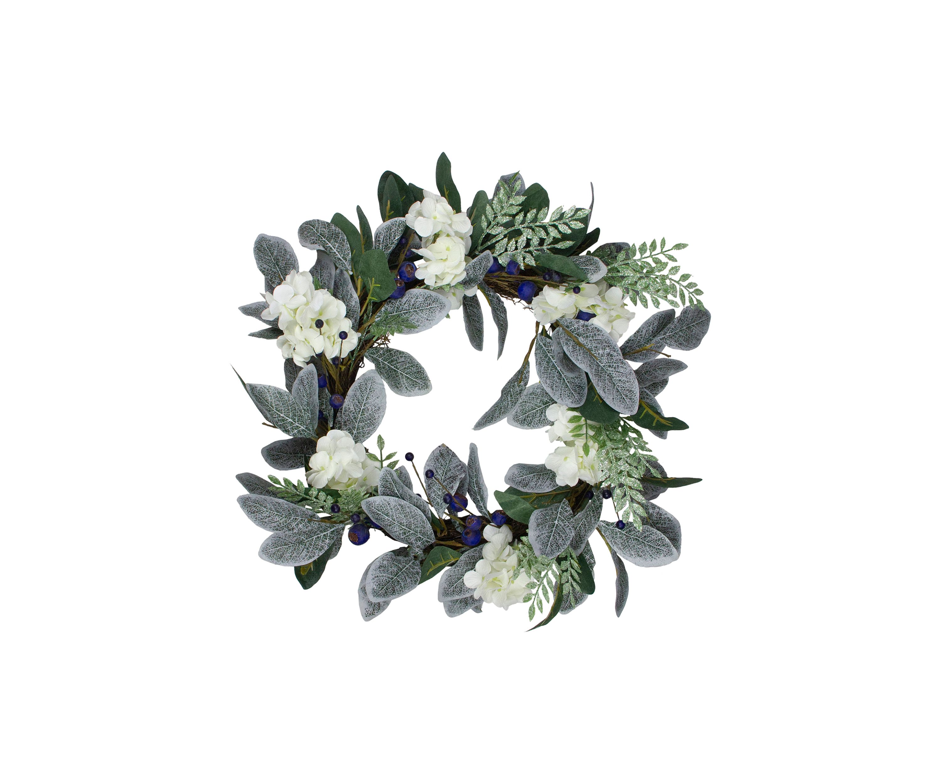 Iced Hydrangeas  Blueberries  and Foliage Artificial Christmas Wreath - 26 Inch  Unlit