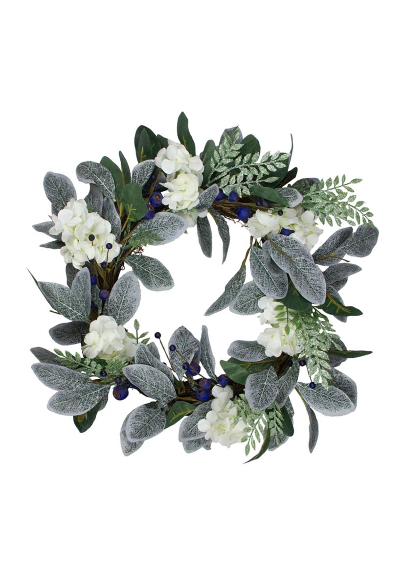 Iced Hydrangeas  Blueberries  and Foliage Artificial Christmas Wreath - 26 Inch  Unlit