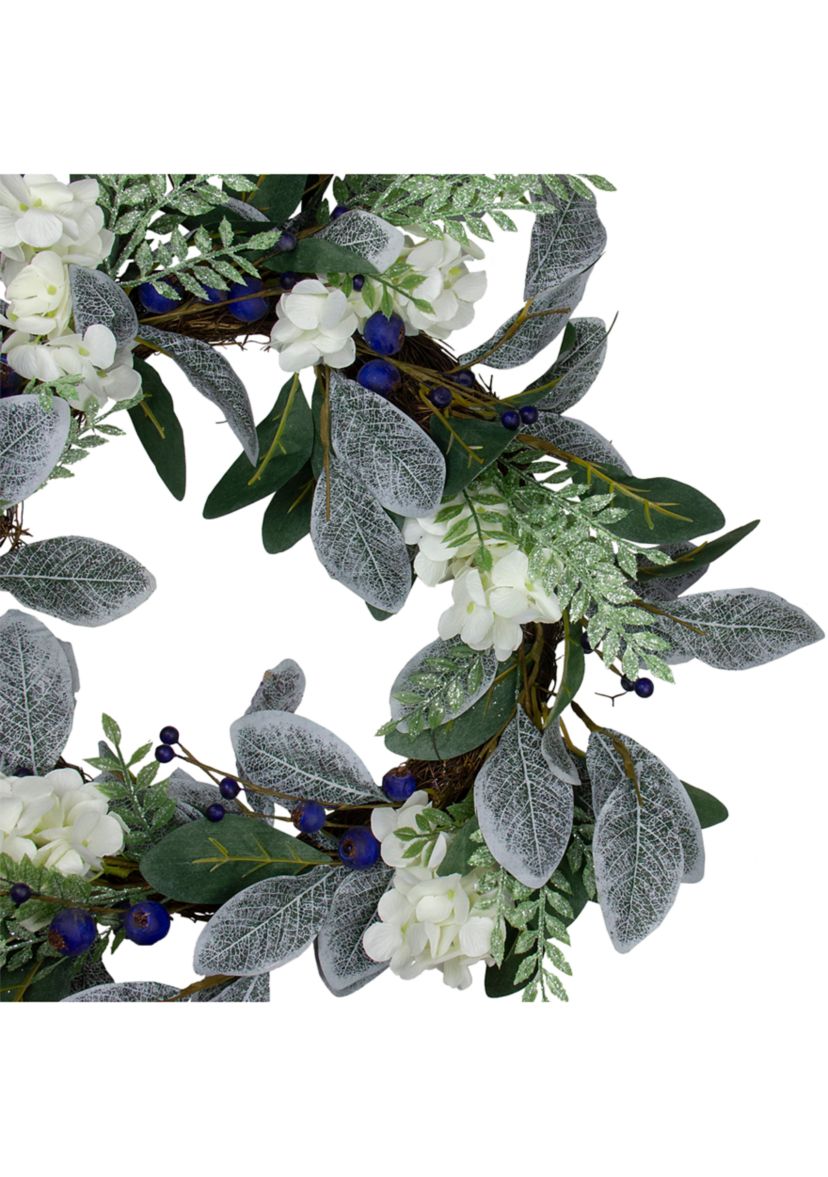 Iced Hydrangeas  Blueberries  and Foliage Artificial Christmas Wreath - 26 Inch  Unlit