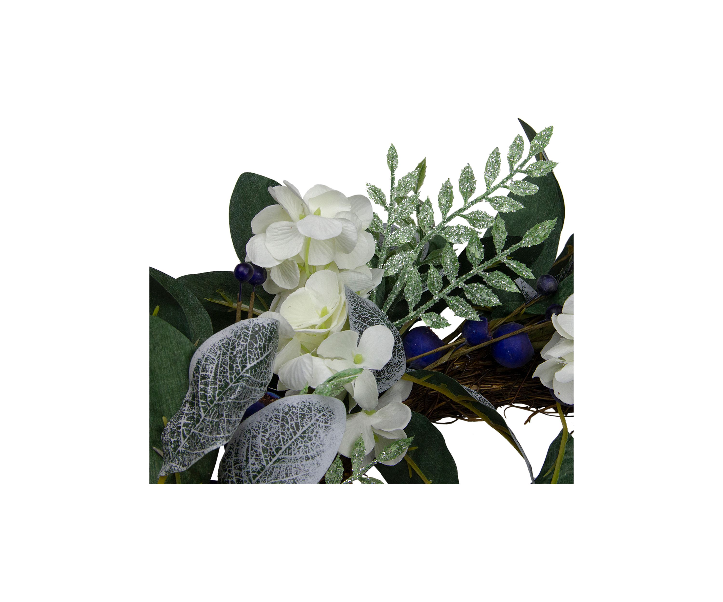 Iced Hydrangeas  Blueberries  and Foliage Artificial Christmas Wreath - 26 Inch  Unlit