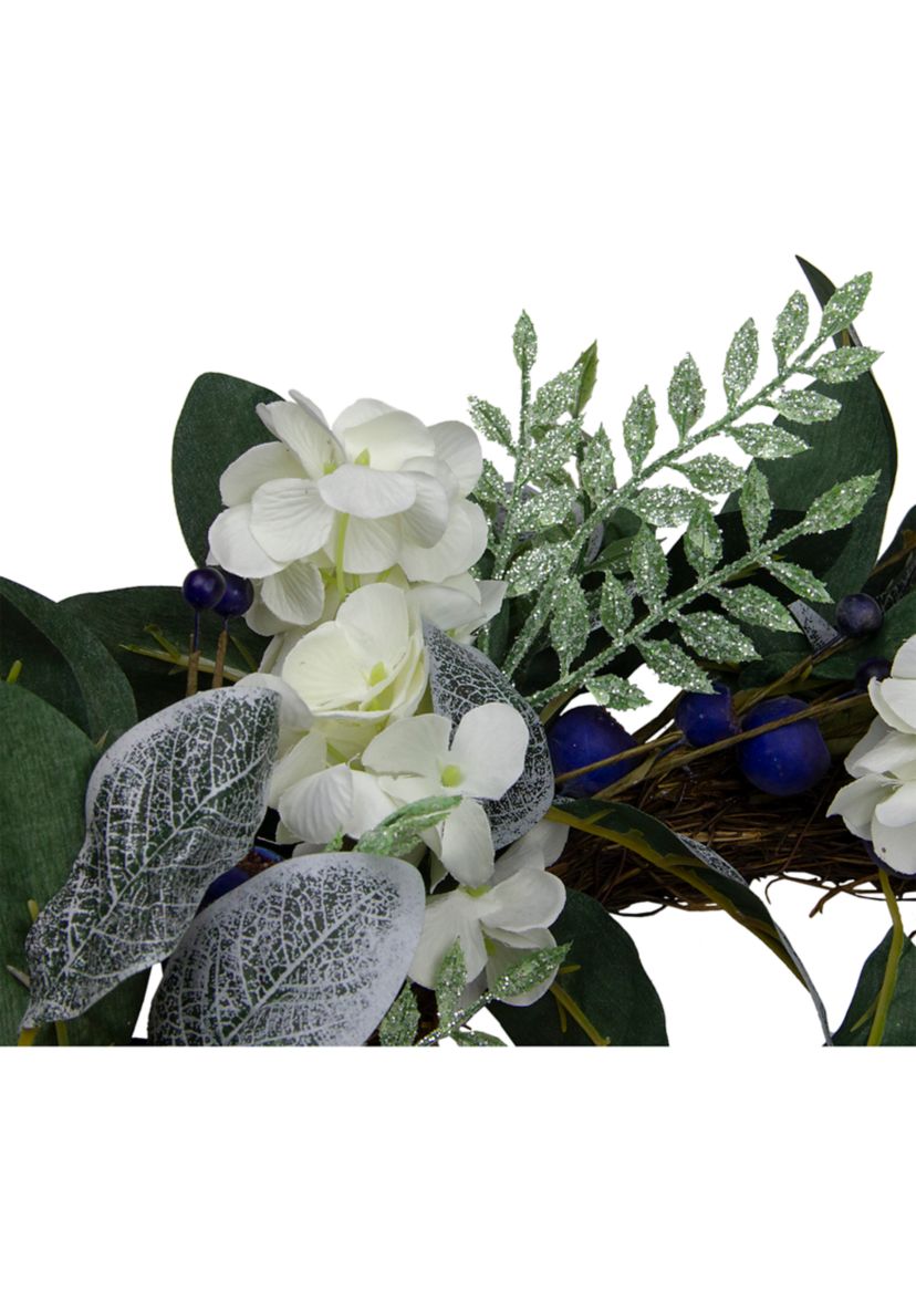 Iced Hydrangeas  Blueberries  and Foliage Artificial Christmas Wreath - 26 Inch  Unlit