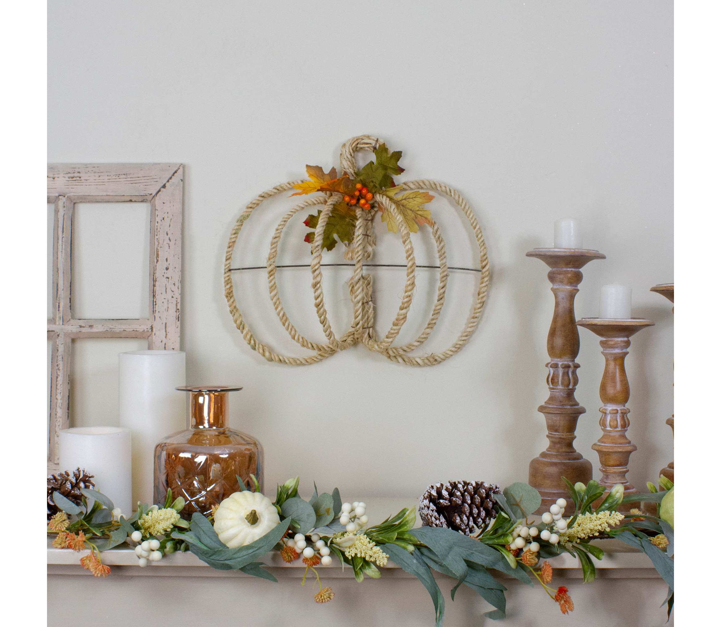 16" Autumn Foliage and Rope Pumpkin Thanksgiving Wall Hanging