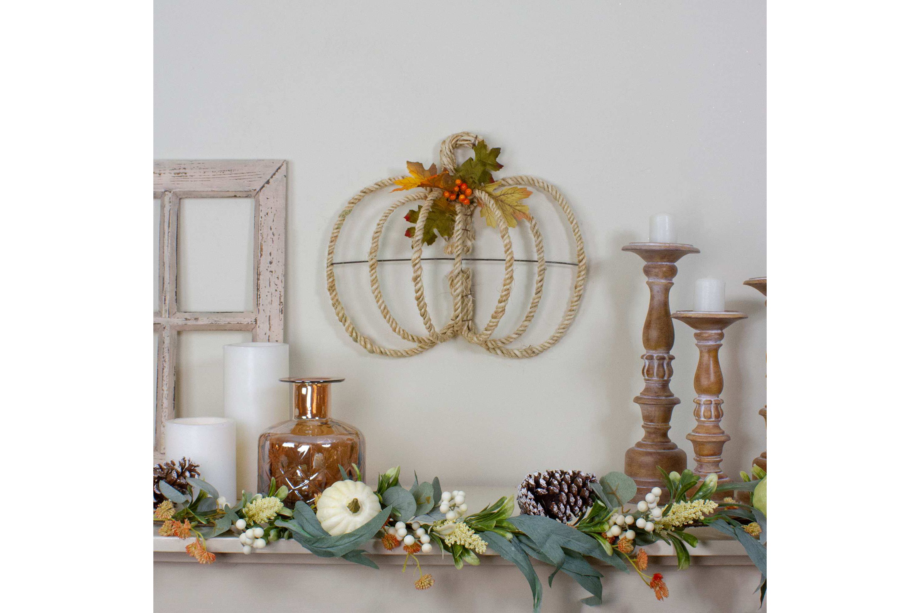 16" Autumn Foliage and Rope Pumpkin Thanksgiving Wall Hanging