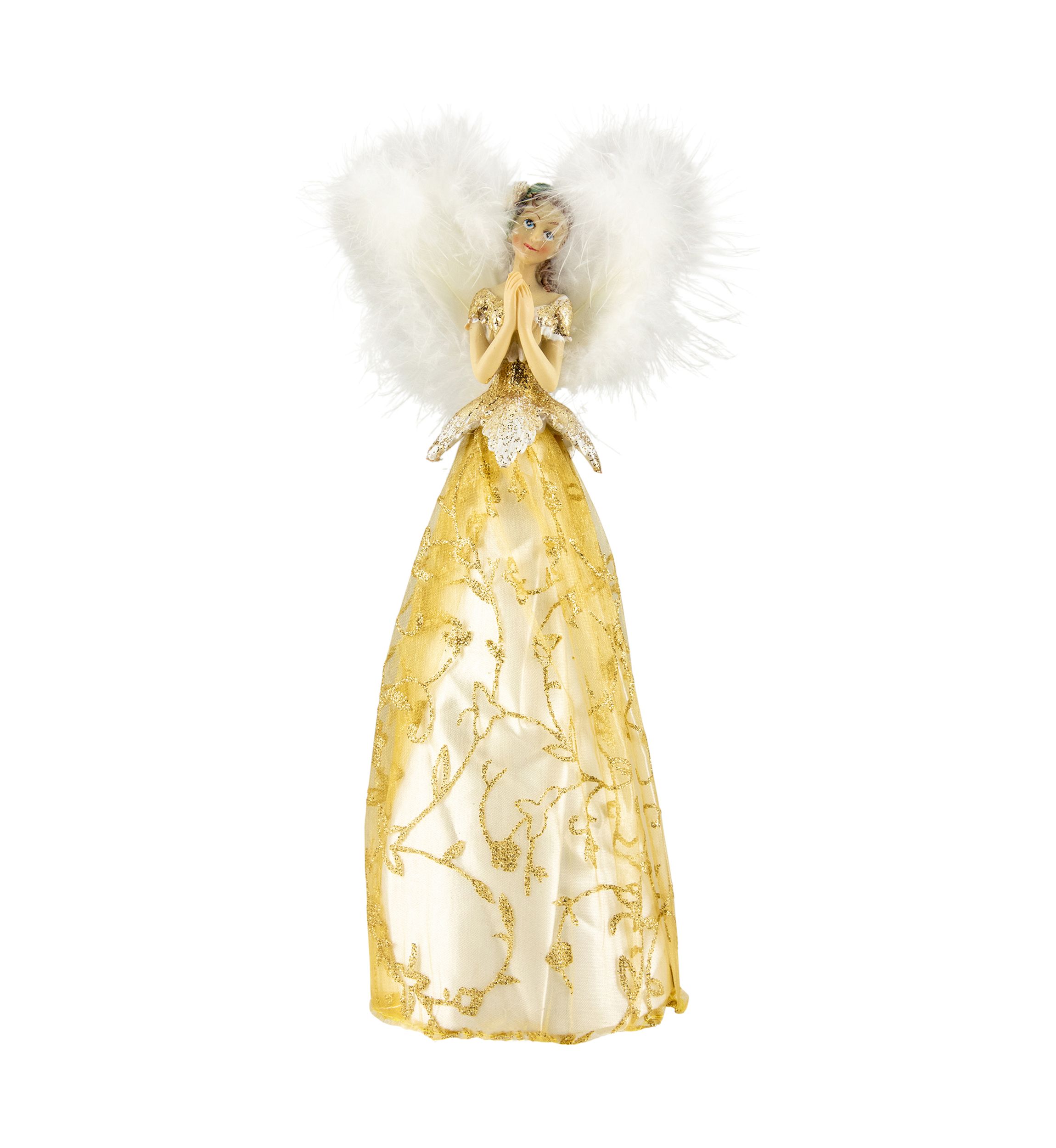 10Inch Gold Angel with Feather Wings Tree Topper - Unlit