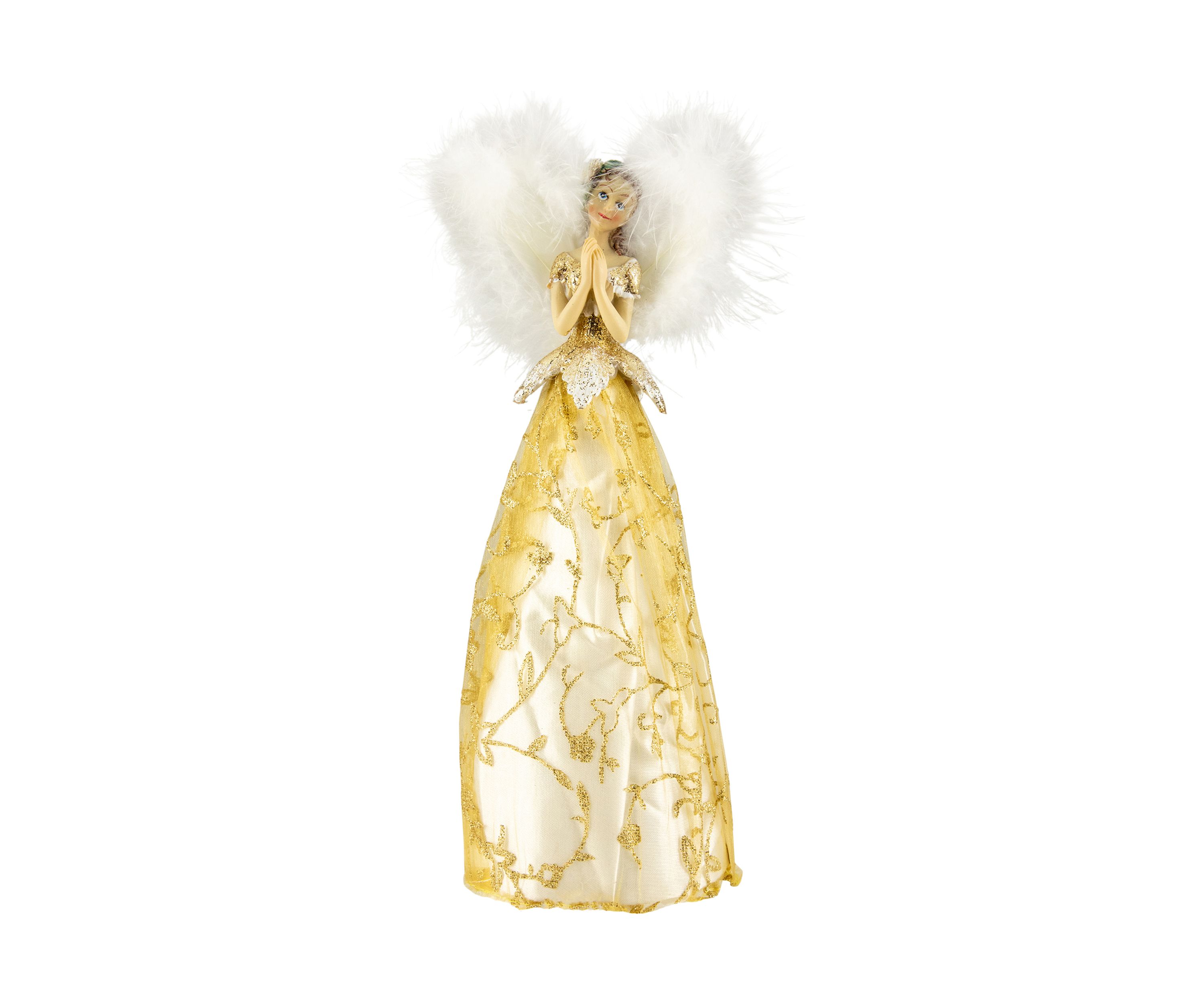 10Inch Gold Angel with Feather Wings Tree Topper - Unlit