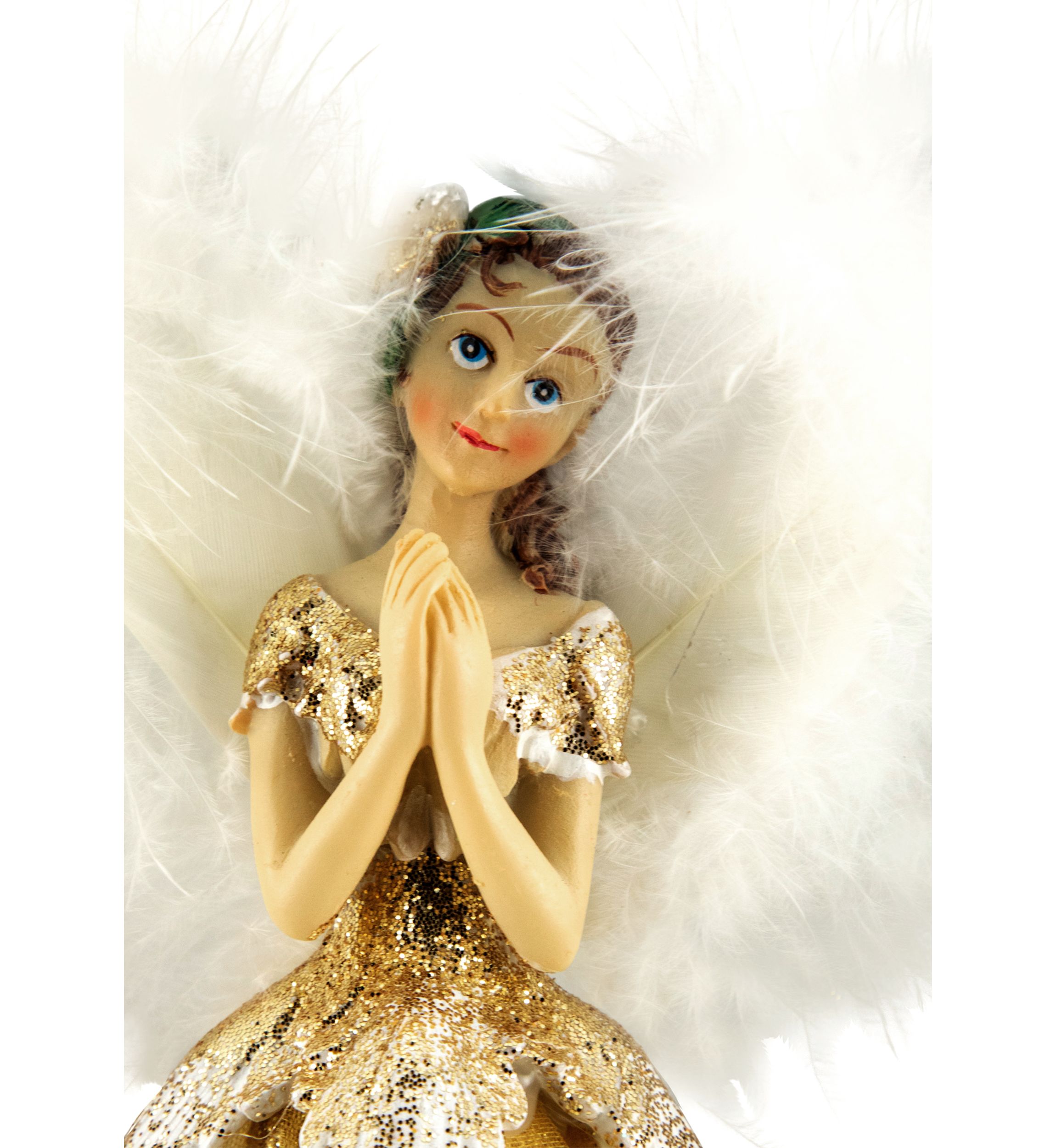 10Inch Gold Angel with Feather Wings Tree Topper - Unlit