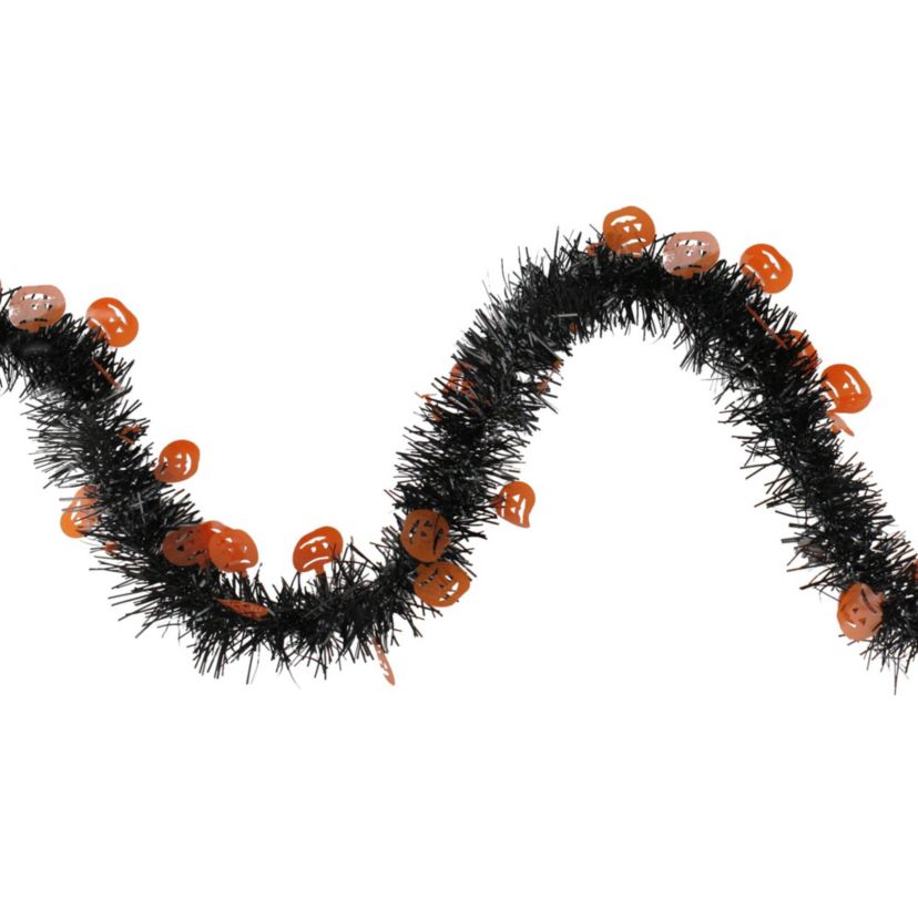 50 Black with Orange Jack O Lanterns Halloween Tinsel Garland - Unlit