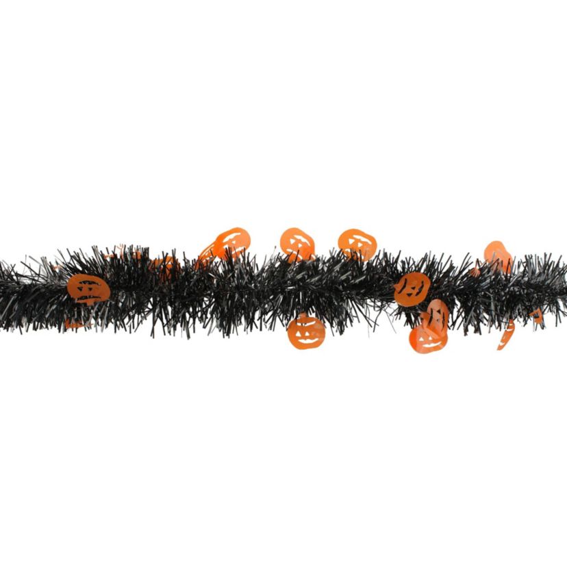50 Black with Orange Jack O Lanterns Halloween Tinsel Garland - Unlit