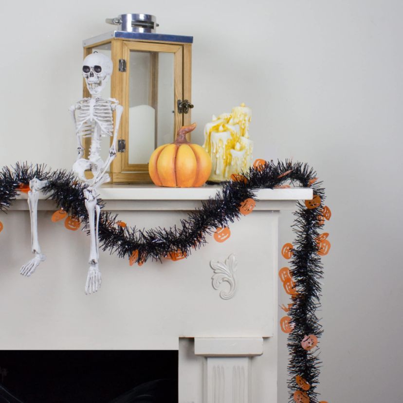 50 Black with Orange Jack O Lanterns Halloween Tinsel Garland - Unlit