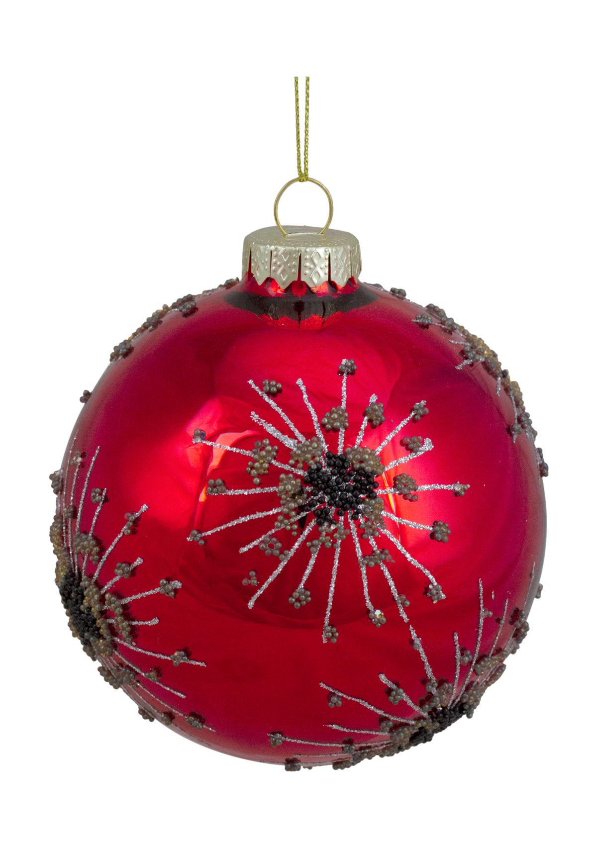 4Inch Red and Brown Beaded Bursting Snowflake Glass Christmas Ball Ornament