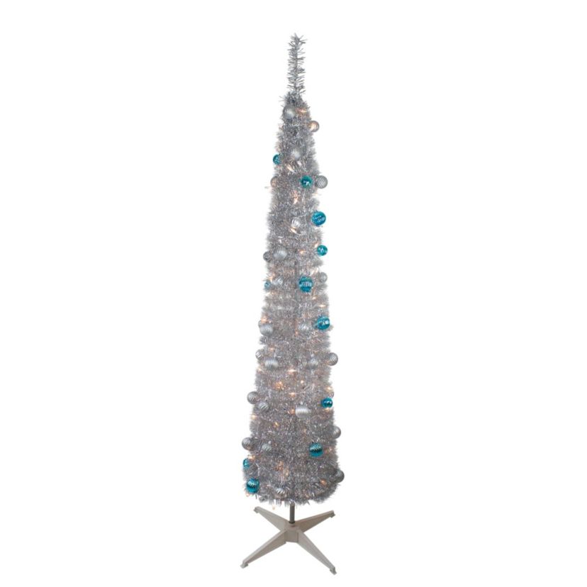 6 Pre-Lit Silver and Blue Pre-Decorated Pop-Up Artificial Christmas Tree