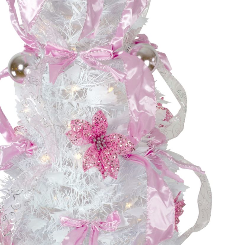 6 Pre-Lit White and Pink Pre-Decorated Pop-Up Artificial Christmas Tree