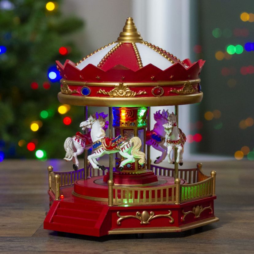 9.25inch LED Lighted Animated and Musical Carousel Christmas Village Display Piece