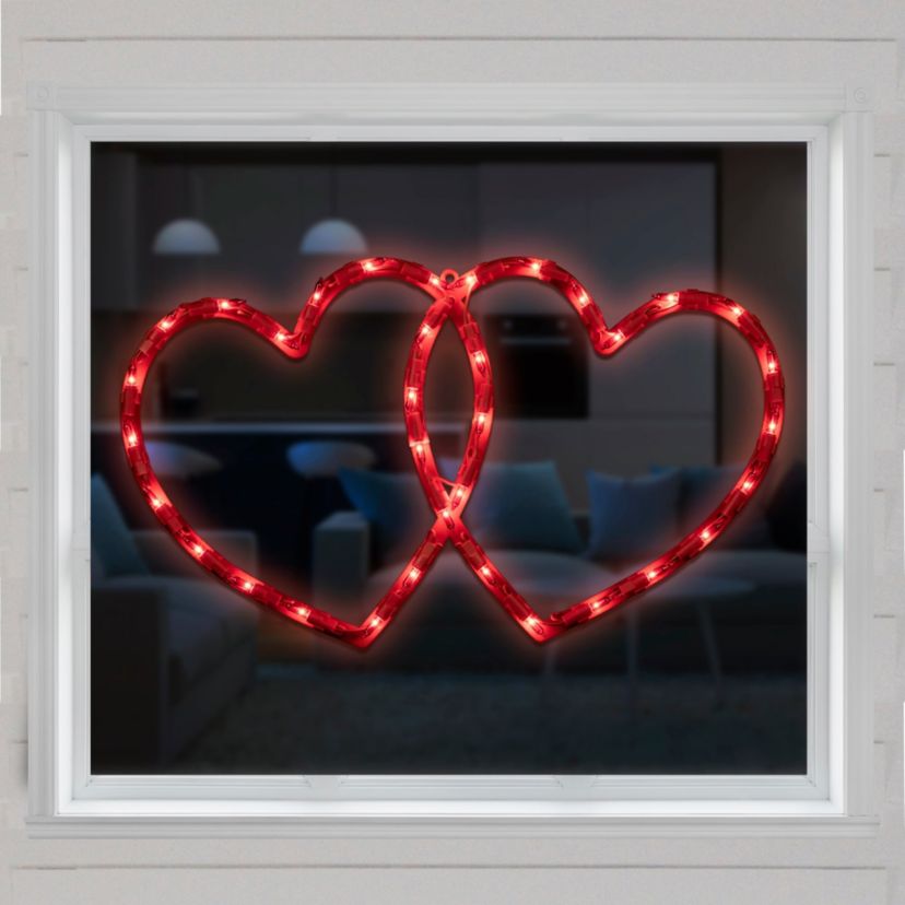 Lighted Double Heart Valentines Day Window Silhouette - 17" - Red