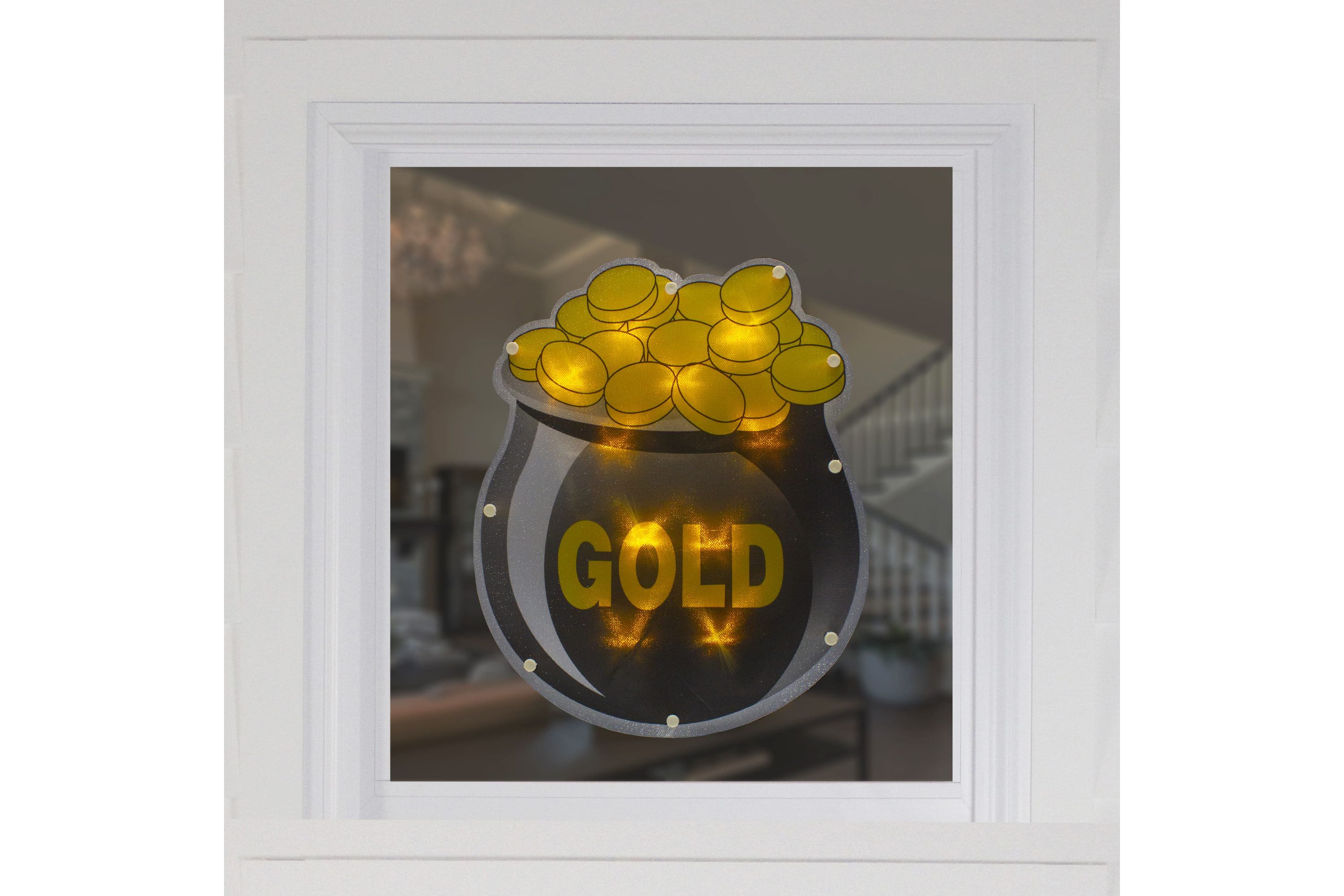 LED Lighted St. Patricks Day Pot of Gold Window Silhouette - 12" - Warm White Lights