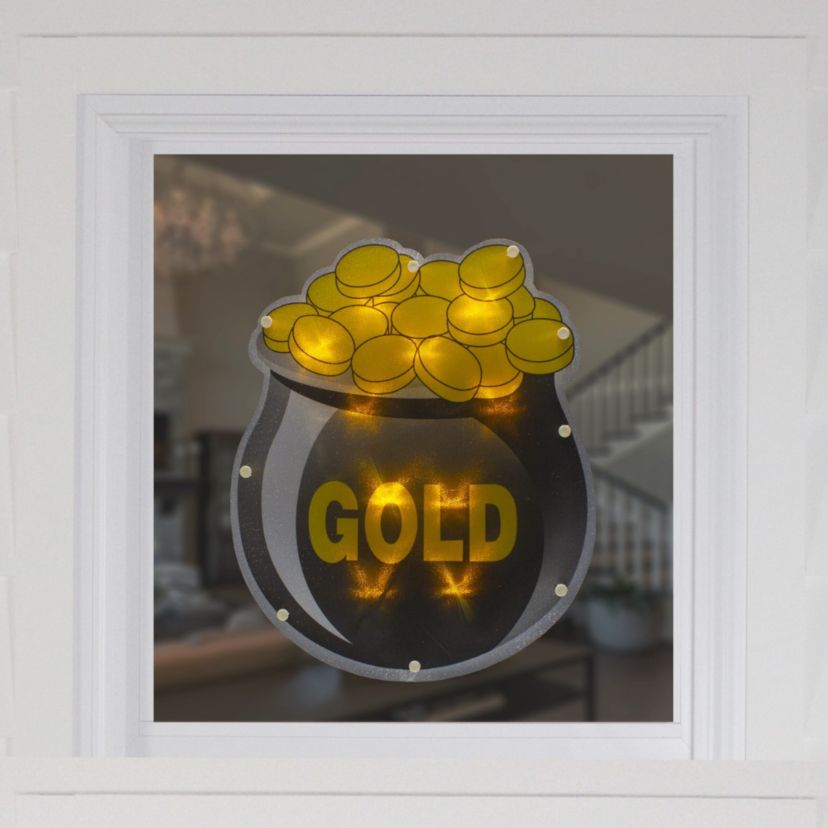 LED Lighted St. Patricks Day Pot of Gold Window Silhouette - 12" - Warm White Lights