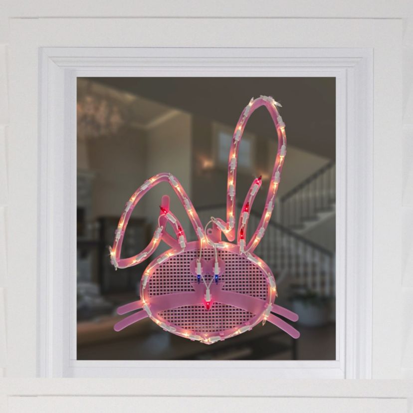 Lighted Bunny Head Easter Window Silhouette - 17" - Pink - Multicolor Lights