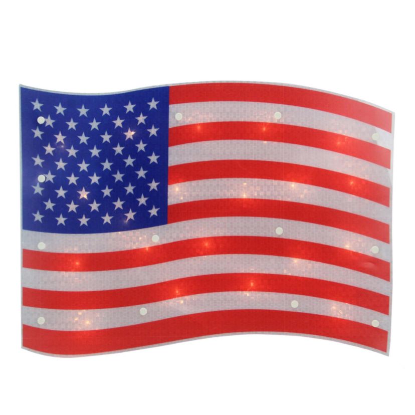 Lighted Holographic American Flag Window Decoration - 17" - Clear Lights