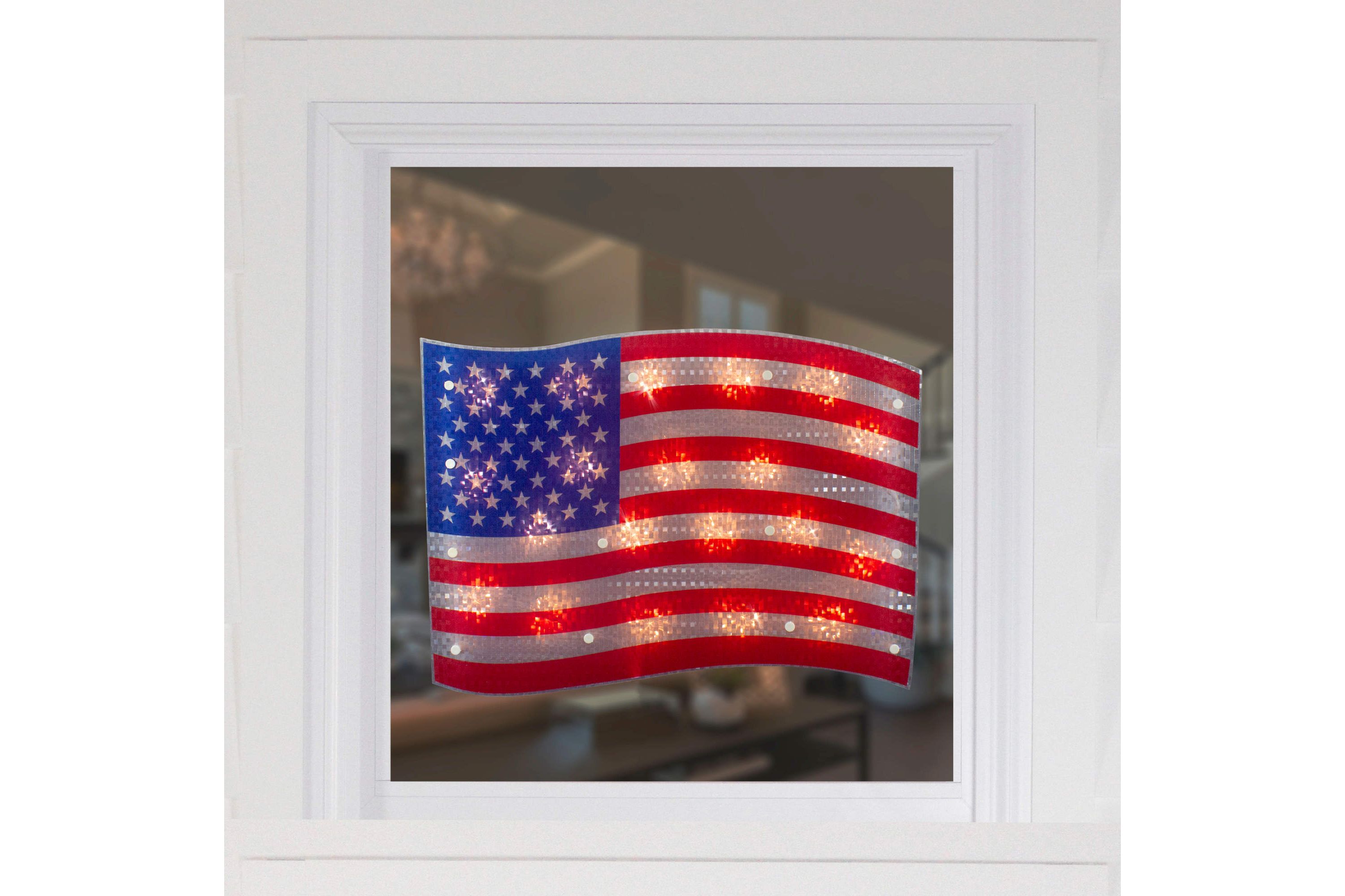 Lighted Holographic American Flag Window Decoration - 17" - Clear Lights