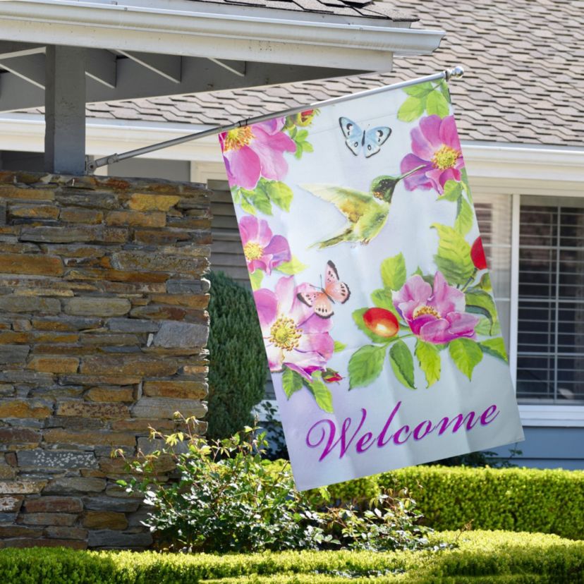 Welcome Hummingbird Floral Outdoor House Flag 28" x 40"