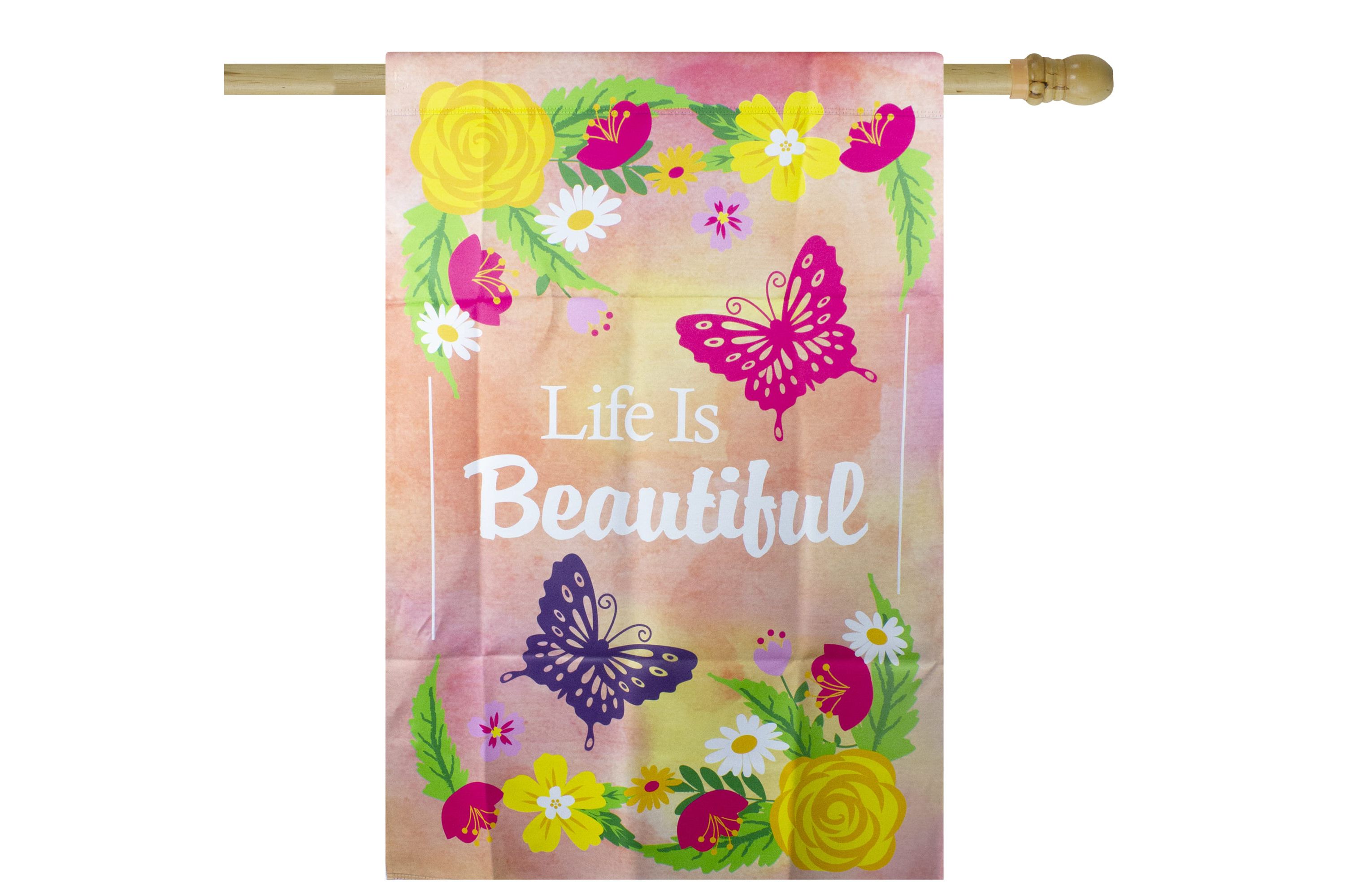 Life is Beautiful Pink Floral Outdoor House Flag 28" x 40"