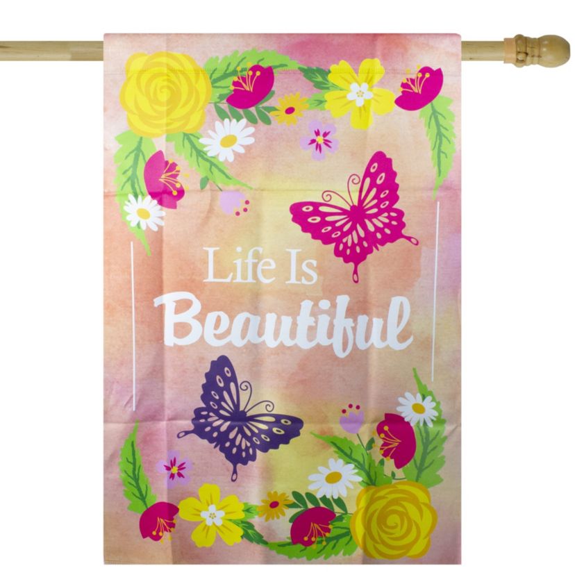 Life is Beautiful Pink Floral Outdoor House Flag 28" x 40"
