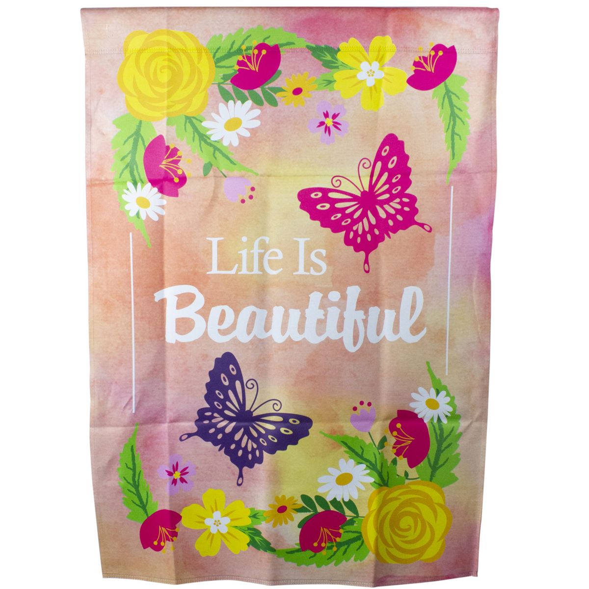 Life is Beautiful Pink Floral Outdoor House Flag 28" x 40"