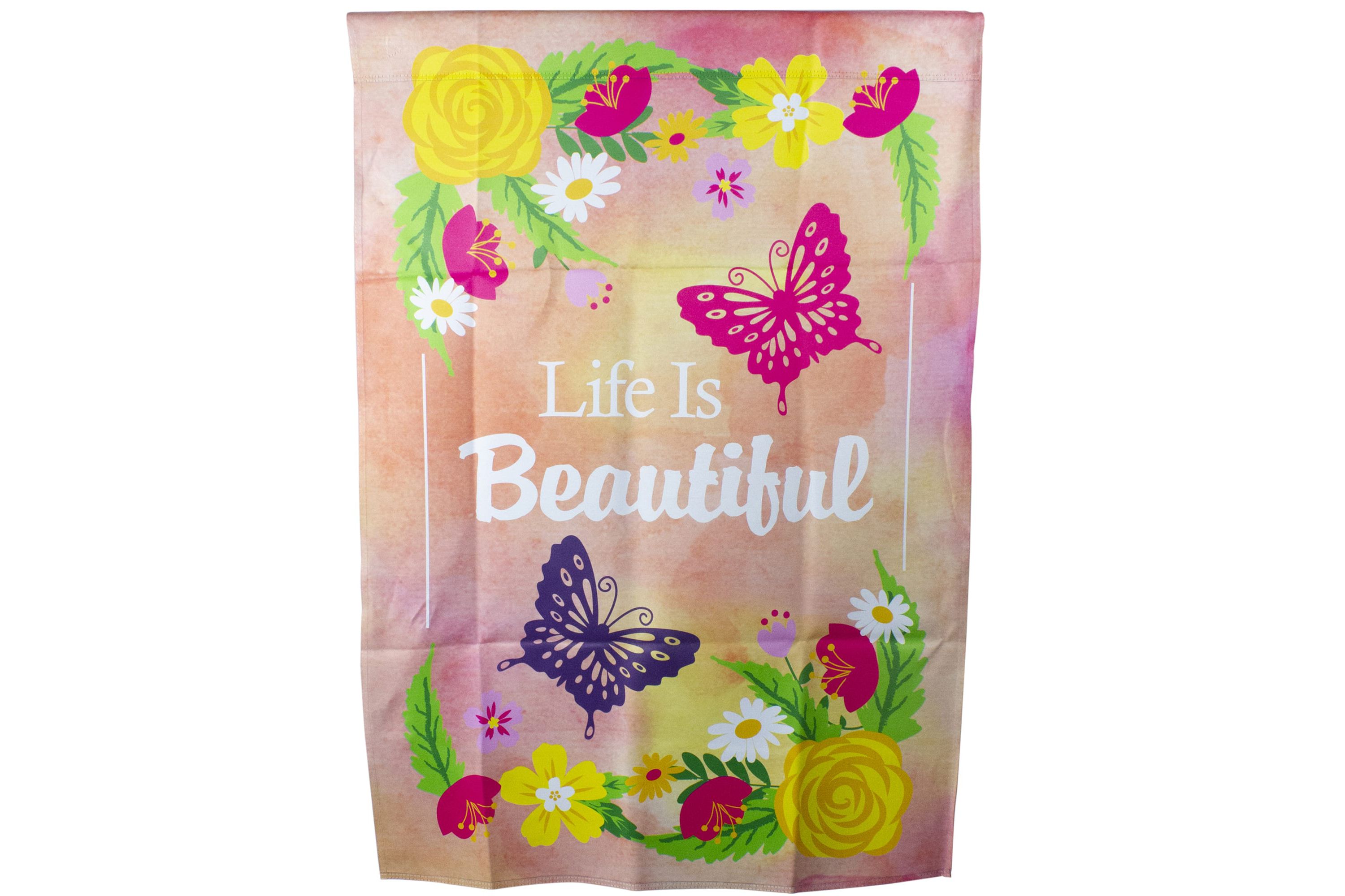 Life is Beautiful Pink Floral Outdoor House Flag 28" x 40"