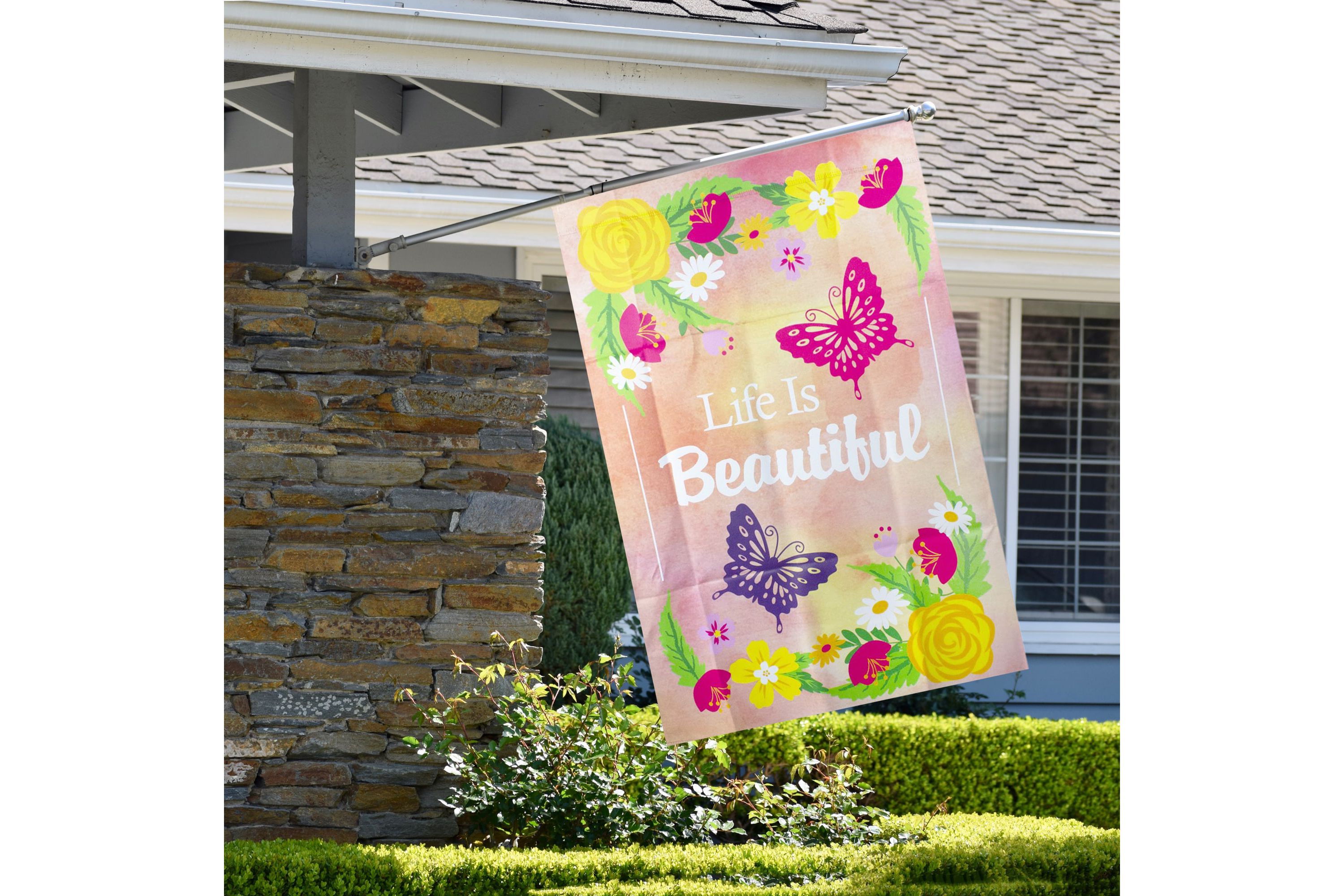 Life is Beautiful Pink Floral Outdoor House Flag 28" x 40"