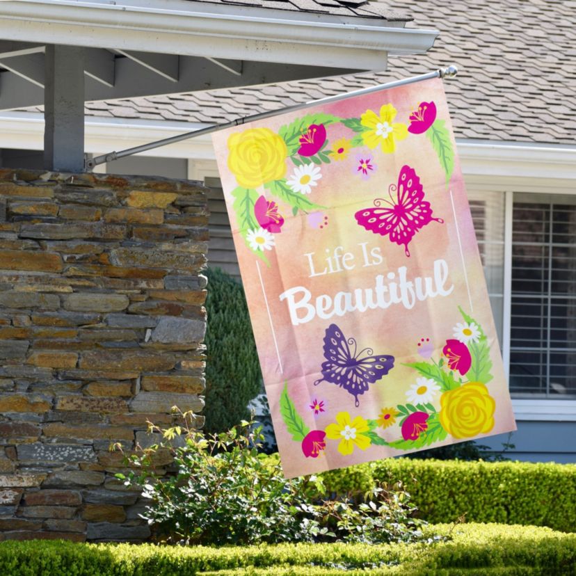 Life is Beautiful Pink Floral Outdoor House Flag 28" x 40"
