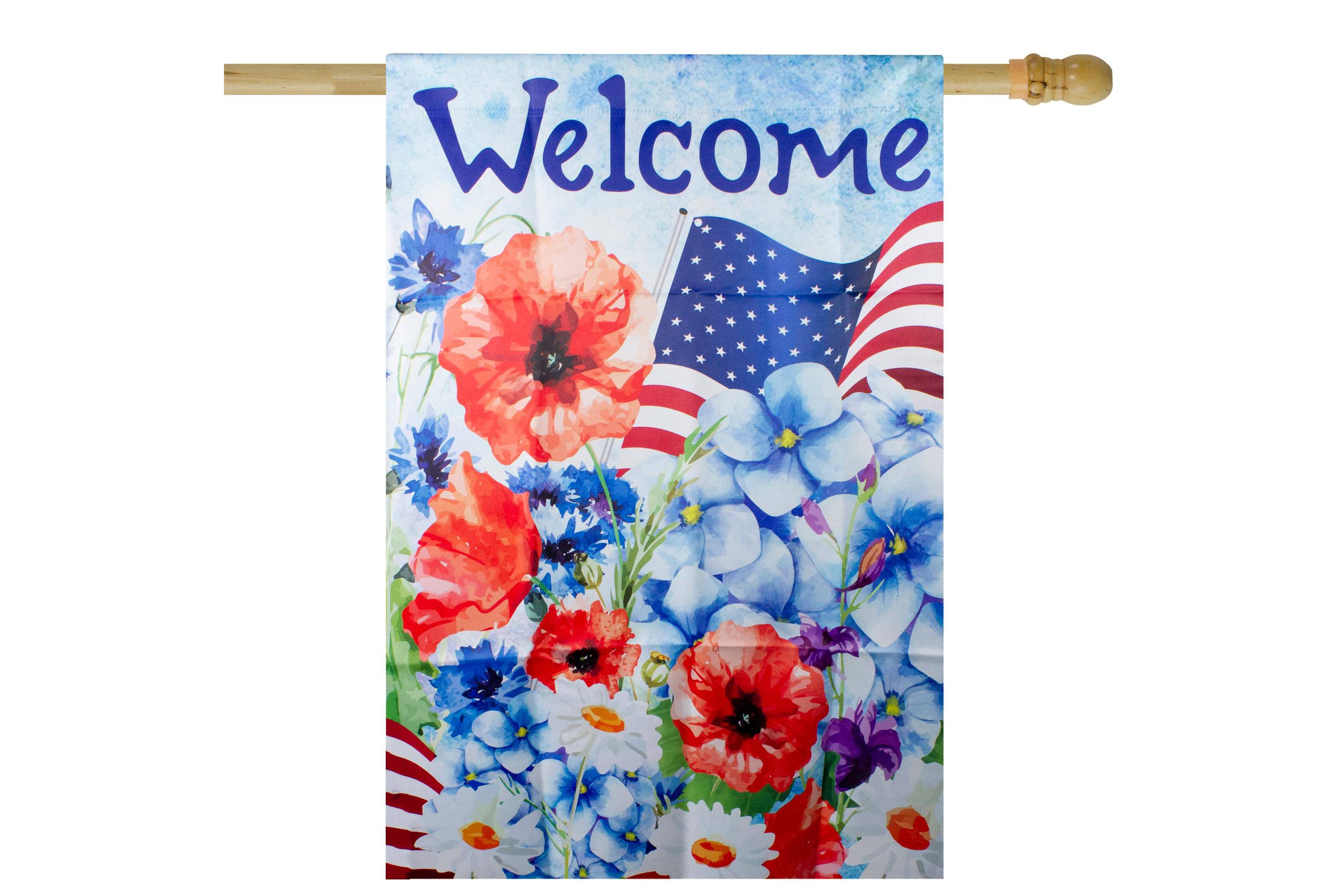Floral "Welcome" Patriotic Outdoor House Flag - 40" x 28"