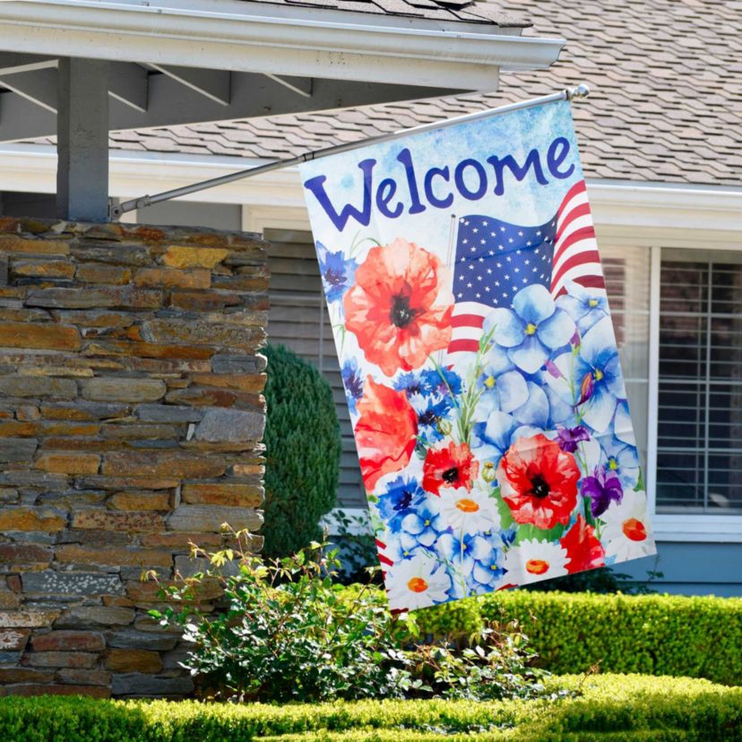 Floral "Welcome" Patriotic Outdoor House Flag - 40" x 28"