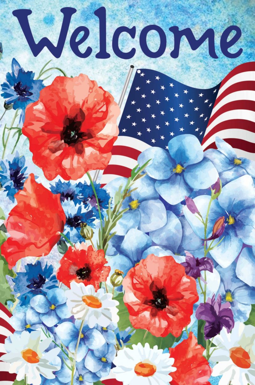 Floral "Welcome" Patriotic Outdoor House Flag - 40" x 28"