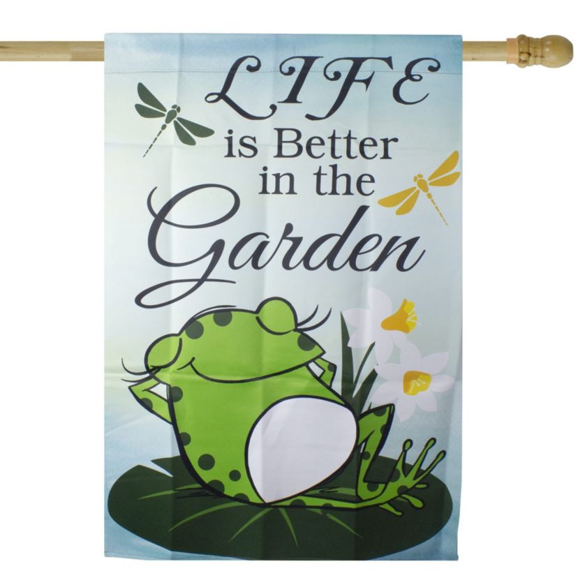 Life is Better in the Garden Green Frog Outdoor House Flag 28" x 40"
