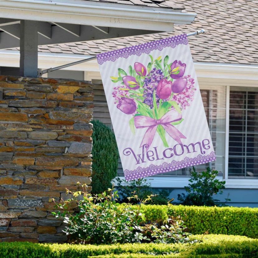 Welcome Purple Floral Bouquet Outdoor House Flag 28" x 40"