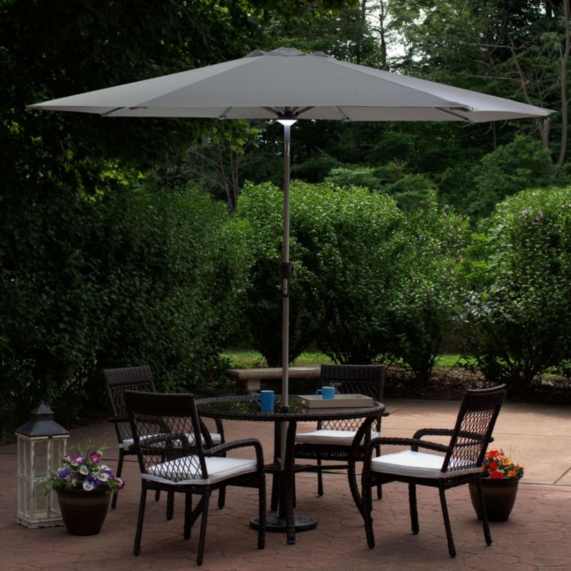9ft Solar Lighted Outdoor Patio Market Umbrella with Hand Crank and Tilt  Gray