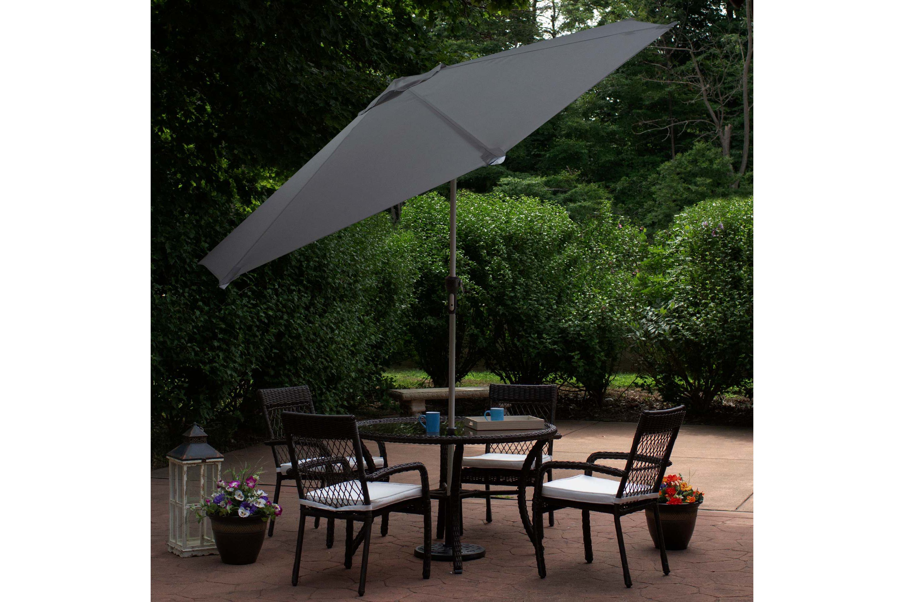9ft Solar Lighted Outdoor Patio Market Umbrella with Hand Crank and Tilt  Gray