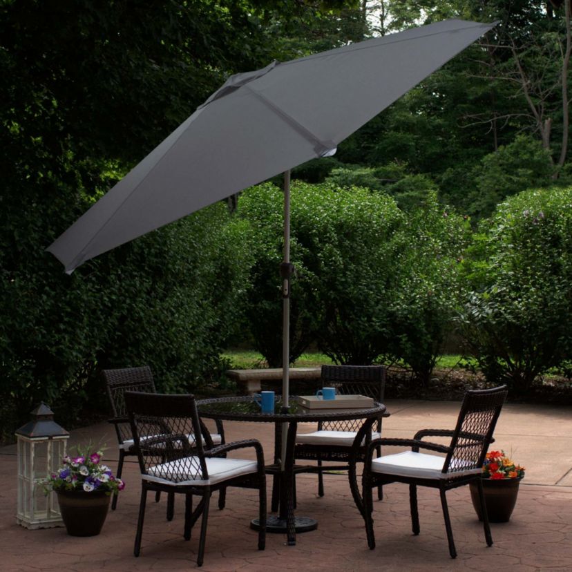 9ft Solar Lighted Outdoor Patio Market Umbrella with Hand Crank and Tilt  Gray