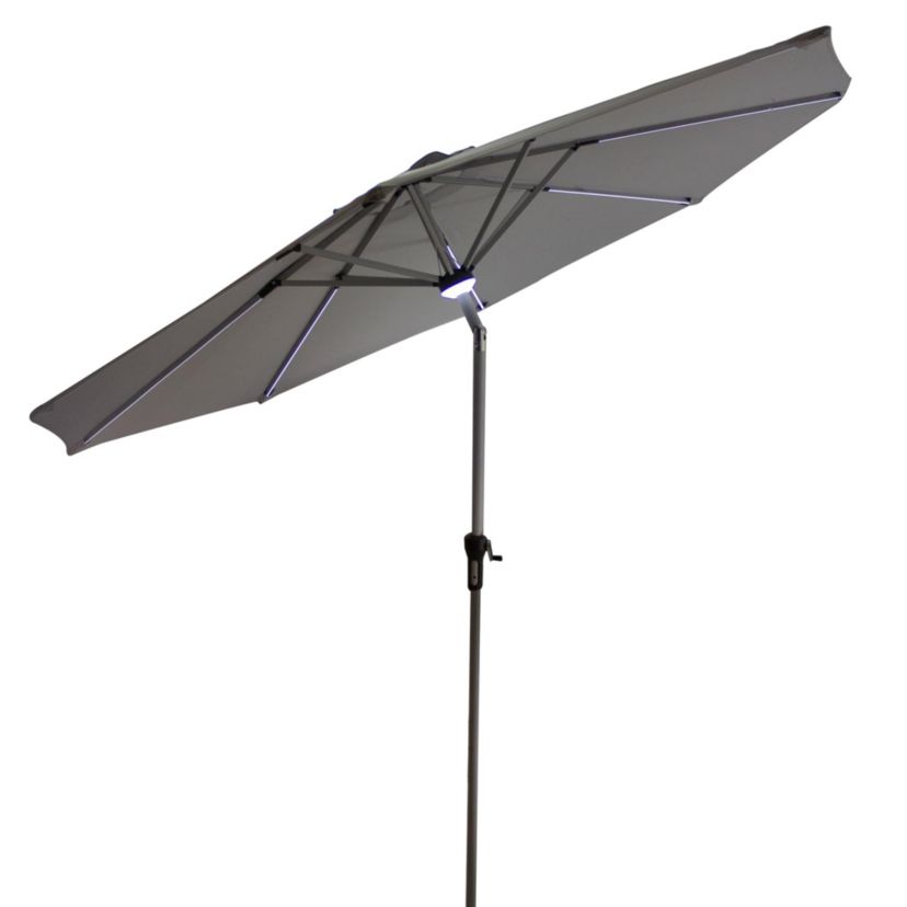 9ft Solar Lighted Outdoor Patio Market Umbrella with Hand Crank and Tilt  Gray