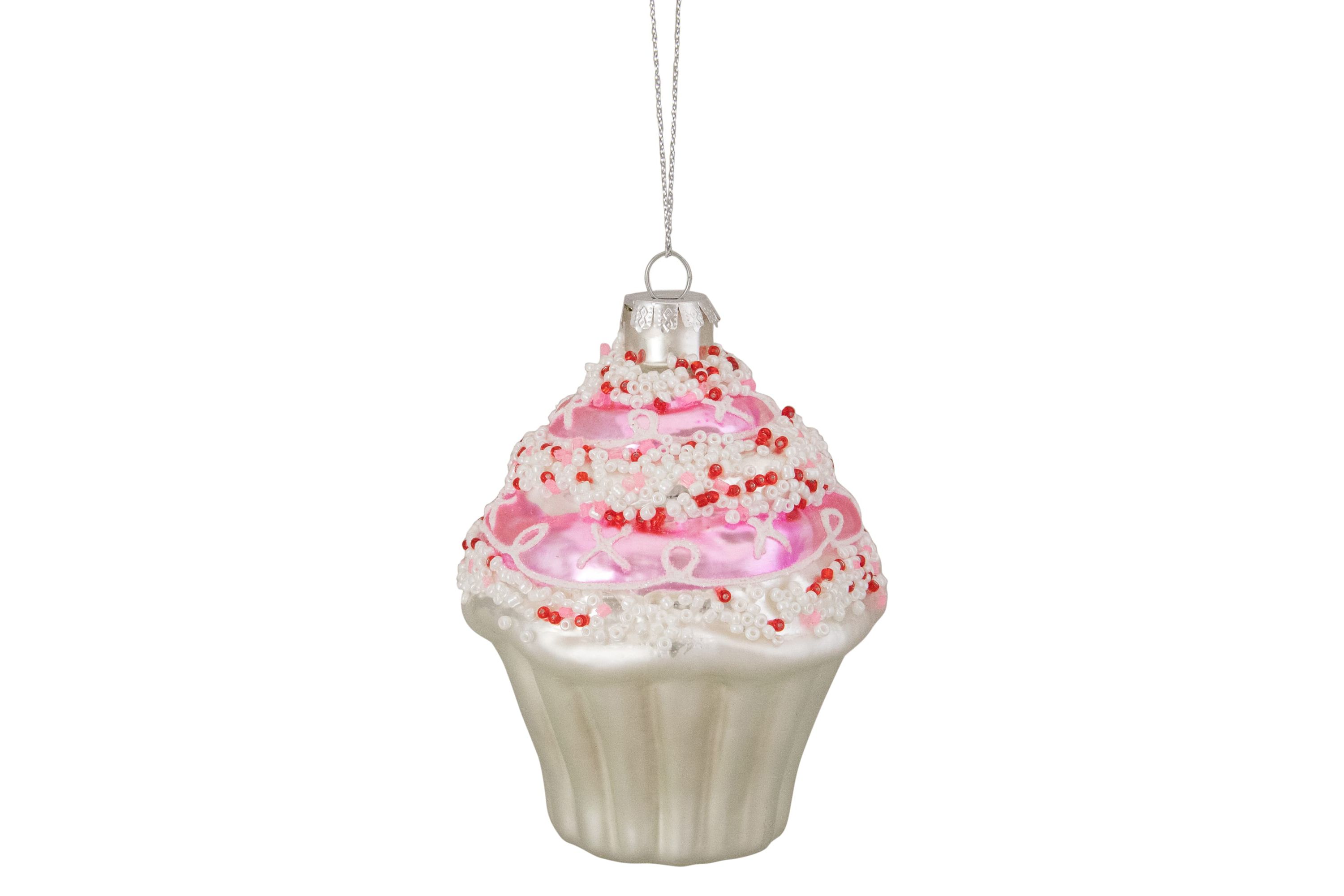 4inch Pink and White Cupcake with Sprinkles Glass Christmas Ornament