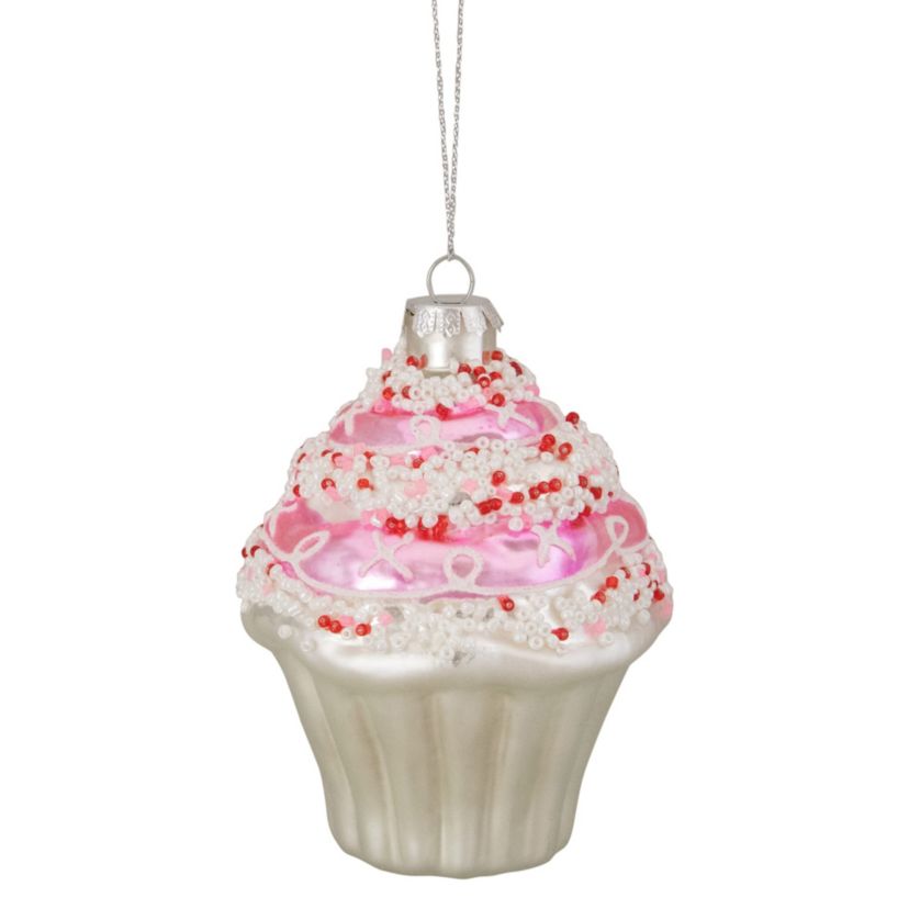 4inch Pink and White Cupcake with Sprinkles Glass Christmas Ornament