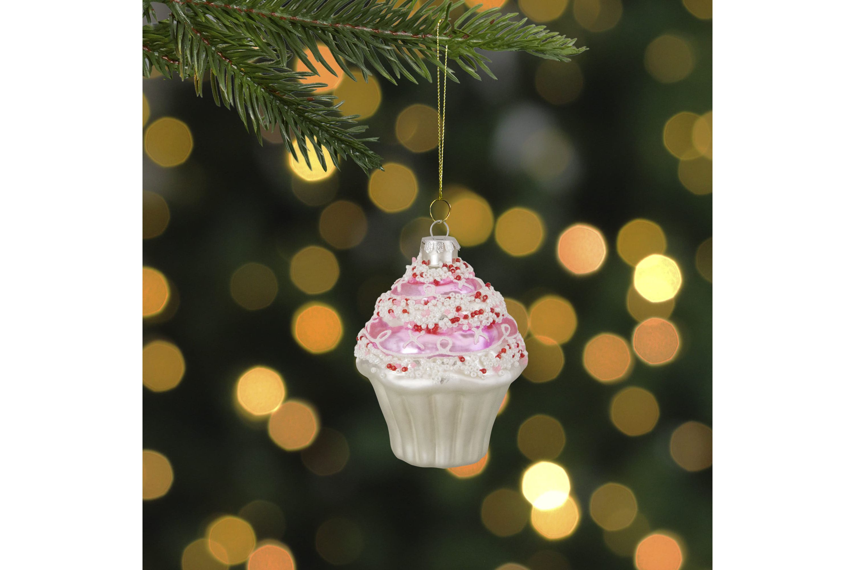 4inch Pink and White Cupcake with Sprinkles Glass Christmas Ornament