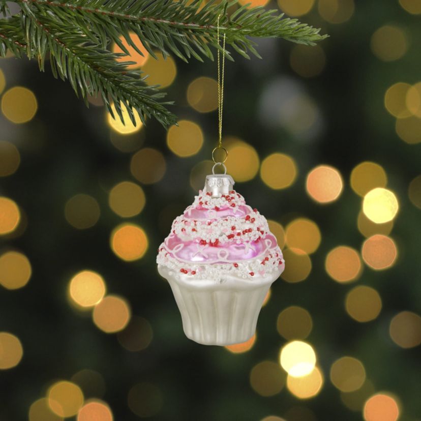 4inch Pink and White Cupcake with Sprinkles Glass Christmas Ornament