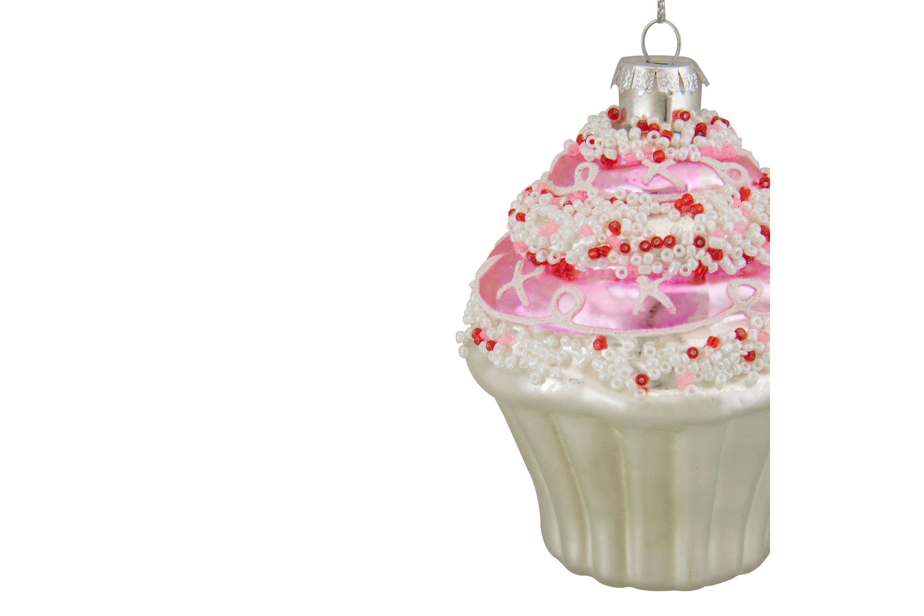 4inch Pink and White Cupcake with Sprinkles Glass Christmas Ornament